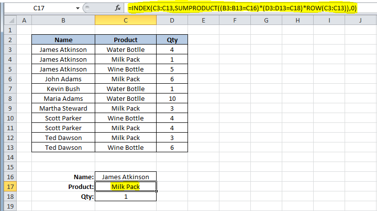 Using Excel SUMPRODUCT function with the Row function.